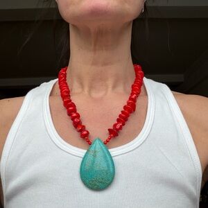Turquoise & Red Beaded Statement Necklace